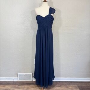 Bill Levkoff Bridesmaid Dress 12 One Shoulder Navy Chiffon Gown Formal Prom Gala